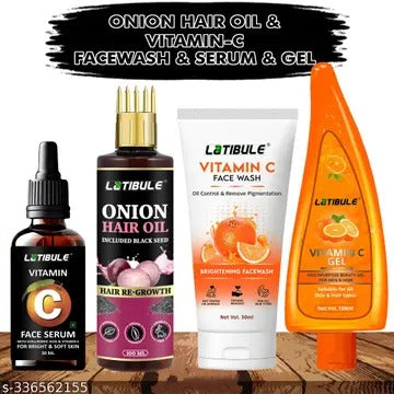 Euro trendz Latibule onion Oil (100ml) +Vitamin C Face Wash (50ml) + Vitamin C Gel (150ml)+ Vitamin  C serum (30ml) Hair Growth oil , Skin Face Wash & gel & Face Serum , Skin Care Combo .