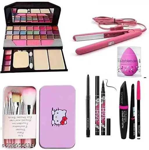 Euro Trendz Makeup Brush with makeup 6155 kit, Studio Pro Ultra Beauty Blender,36H Sketchpen Eyeliner, 3 in 1 Eyeliner Mascara Eyebrow Pencil & Saloon Professional Hair Straightener
