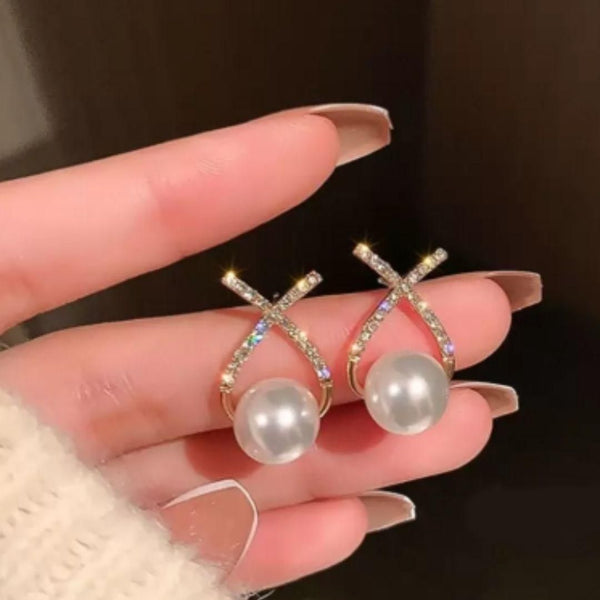 Euro Trendz Korean Studded Cross Pearl Stud Earrings