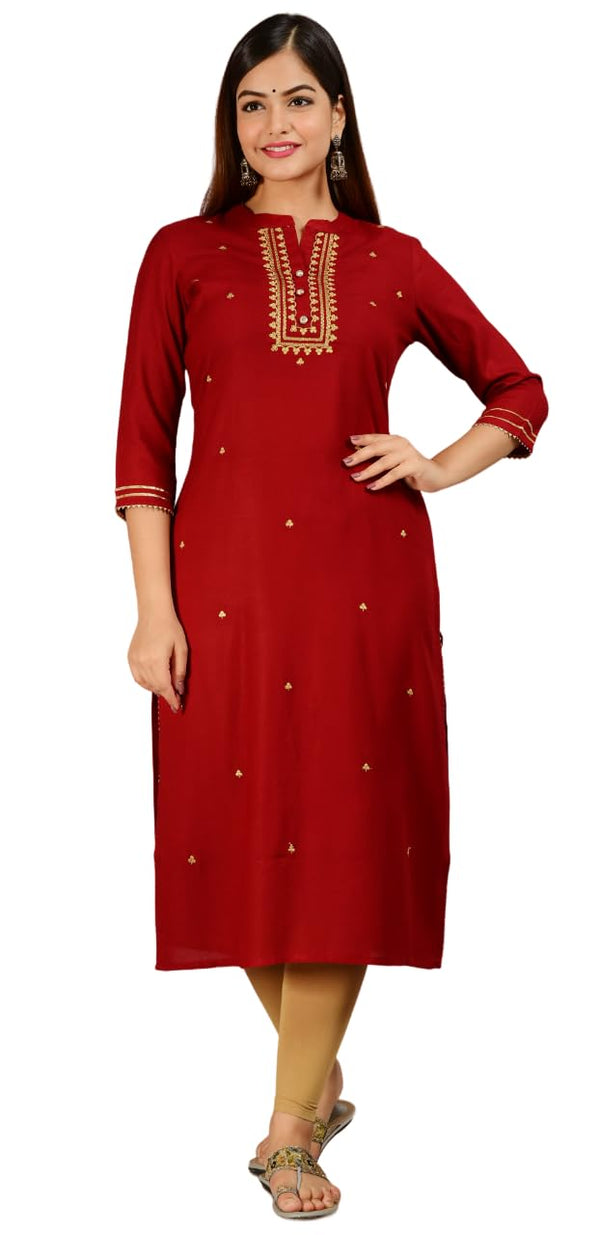 Euro Trendz  Women Rayon Zari Work Embroidery Straight Kurti | Kurti for Women | Straight Kurti for Women |Maroon Color Kurti