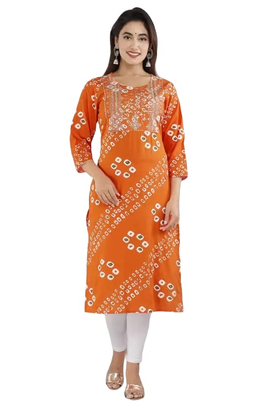 Euro Trendz  Womens Ladies Girls Rayon Embroidery Printed Straight Long Kurta Kurtis Orange