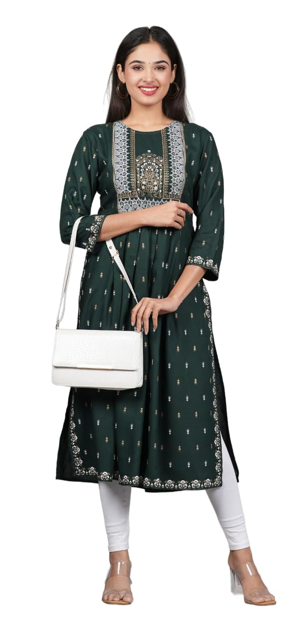 Euro Trendz Women Rayon Printed Naira Cut Kurti | Kurti for Women | Naira Cut Kurti for Women | Green Kurti