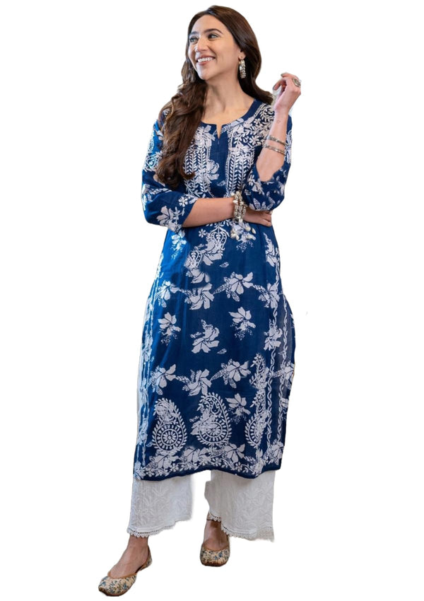 Euro Trendz  Women's Rayon Blend Chikankari Embroidered Straight Kurta (SCEROS-Cerosin-GS_L_Blue_Large)