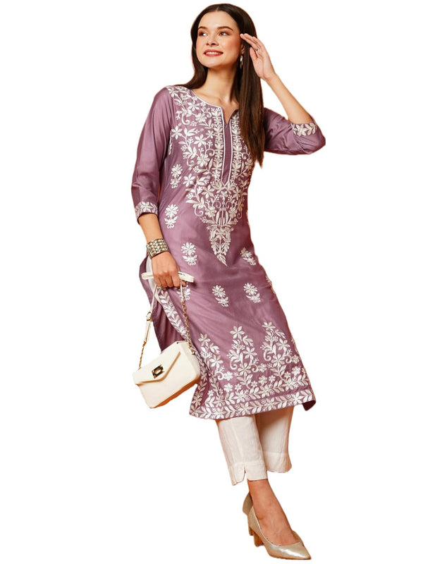 Euro Trendz  Women's Cotton Blend Straight Chikankari Embroidered Kurta
