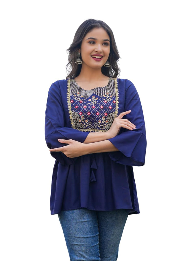 Euro Trendz  Women Rayon Embroidery Short Kurti | Short Kurti for Women | Short Kurti for Jeans | Blue Short Kurti