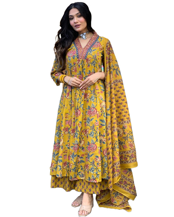 Euro Trendz  Women's Rayon Blend Anarkali Printed Kurta with Pant & Dupatta & Dupatta (CIA Yellow-GS_XL_Yellow_X-Large)