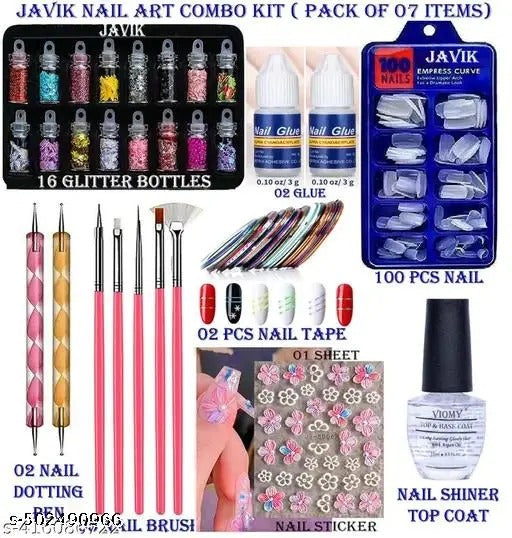 Euro Trendz Nail Art Kit With 16 Pcs Glass Bottles Glitter + 100 Nails + 2 Nail Tapes + 5 Nail Art Brush + 2 Nail Dotting Pen + 2 Nail Glue + 1 NAIL SHINER TOP COAT + 1 Nail Sticker ( PACK OF 08, 129 PCS )
